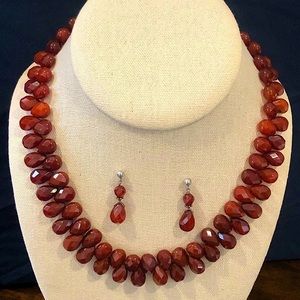 Artisan Sterling Silver Faceted Carnelian Necklace and Drop Earrings